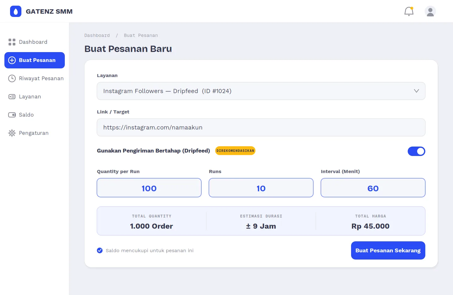 Contoh setting dripfeed pada form order